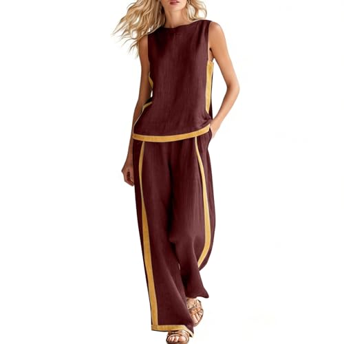 PmiYniV Women 2 Piece Outfits Summer Casual Sets Sleeveless Round