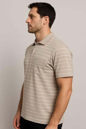Image of WILD ELEPHANT Men Striped Polo T-Shirt | Cotton Short Sleeve Polo Neck with Button | Chest Pocket Casual Wear