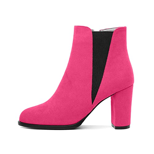 YODEKS Block Heel Ankle Boots Women's Round Toe Chunky High Heel Ankle Boots Side Zipper Elastic Gore Chelsea Booties Shoes With Fur2