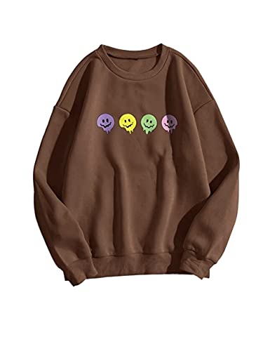 Meladyan Women’s Oversized Graphic Sweatshirts Crewneck Long Sleeve Solid Casual Loose Pullover Tops Brown #TOP12