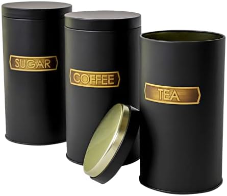 SARKAP Canisters Sets for The Kitchen – 3 Piece Kitchen Canisters for Countertop, Coffee Canister Tea Flour and Sugar Containers with Lids, Set of 3 Canisters Sets For The Kitchen (34Oz) (Black)