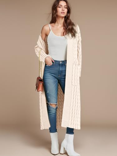 Fall Cardigan Sweaters for Women Open Front Long Sleeve Clable Knit Winter Sweater Coat with Pockets3