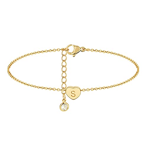 Guemer Gold Initial Anklet For Women Tiny Heart Charm Sideways Letter S Engraved 14K Gold Plated Dainty Chain Minimalist Personalized Beach Jewelry Gift #TOP7