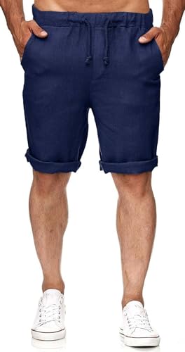Runcati Shorts en lin pour homme Bermuda Short décontracté avec élastique et 2 poches, bleu foncé, L