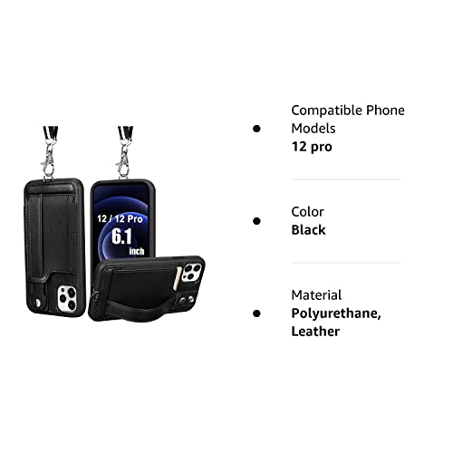 Toovren Iphone 12/12 Pro Case, Compatible With 12/12 Pro Wallet Case With Kickstand Card Holder Adjustable Detachable Necklace, Cell Phone 12/12 Pro Lanyard For Iphone 6.1 Inch 5G 2020 Black #TOP7