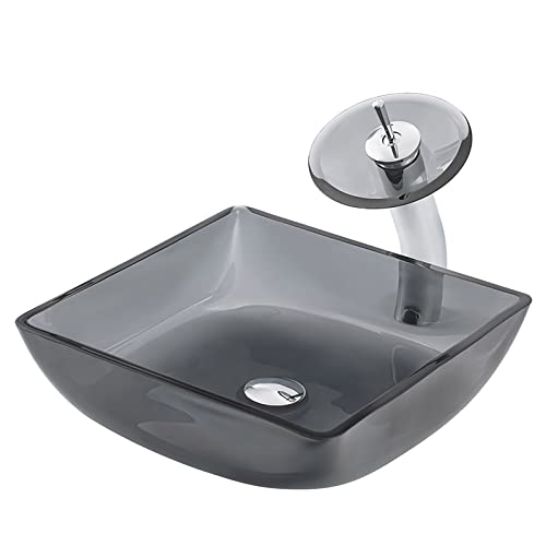 MYUYEE Lavabo de baño de Vidrio Templado Lavabo de baño Cuadrado Lavabo sobre encimera Lavabo artístico de Color Gris Claro,