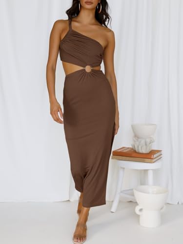 ANRABESS Women Summer One Shoulder Sleeveless Maxi Dress Cutout Sexy Bodycon Semi Formal Dinner Date Vacation Dresses Coffee Small - Thumbnail 4