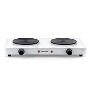 Geepas 2000W Double Hot Plate for Precise Table Top Cooking | Cast Iron Heating Plates | Portable Electric Hob Double Burner with Adjustable Thermostat for Home Kitchen Camping Caravan Cooking Compact
