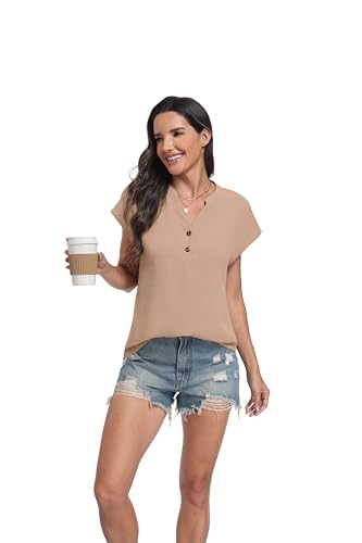 Lepunuo Womens Blouses Dressy Casual Trendy Summe Dressy Casual Tops 2026 Formal Button Down Cap Sleeve V Neck Shirts A - Khaki — view 5