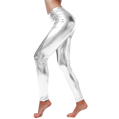 POIUIYQA Legging brillant pour femme - Argent métallisé brillant - Taille haute - Extensible - En...