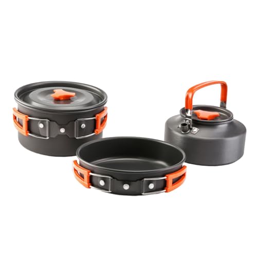 Toyvian 人用軽量アウトドアキャンプ調理器具 アルミ合製湯沸かしケトル付き携帯用野営鍋具三点 ピクニックやハイキングに