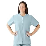 Medline AngelStat Women's Snap-Front Jewel-Neckline Scrub Top, 2 Pockets, Misty, Size M