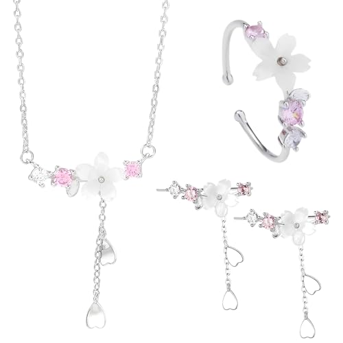 AEUXZA Set de 3 Joyas Flor de Cerezo, Pendientes Mujer Plata, Collar y Anillo, Nácar Auténtico y Circonita Rosa, Diseño Japonés para Mujer, Bisutería Color Plata, Regalo Elegante