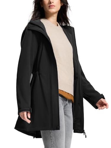 SaphiRose Women's Waterproof Rain Jacket with Fleece Lining Hooded Windbreaker Long Warm Outdoor Softshell Coat (Black, L)