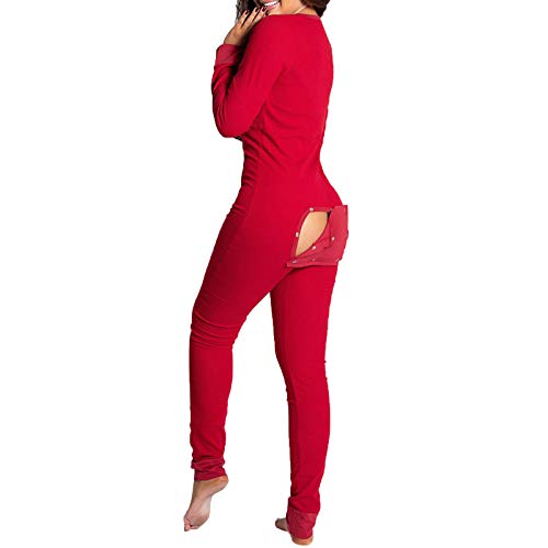 LYSINK Combinaison sexy à rabat avec boutons dans le dos et col en V et manches longues pour femme, Ba Rouge, M