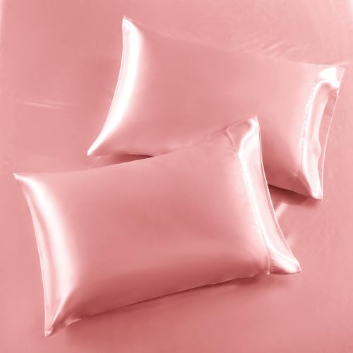 Image of SiinvdaBZX 3-Piece Set Satin Queen Fitted Sheet & 2 Pillowcase, Blush Pink Silky Soft Fitted Bottom Sheet, Wrinkle Free, Fade Resistant, Deep Pocket Bed Sheet (Deep Up to 15 inch)