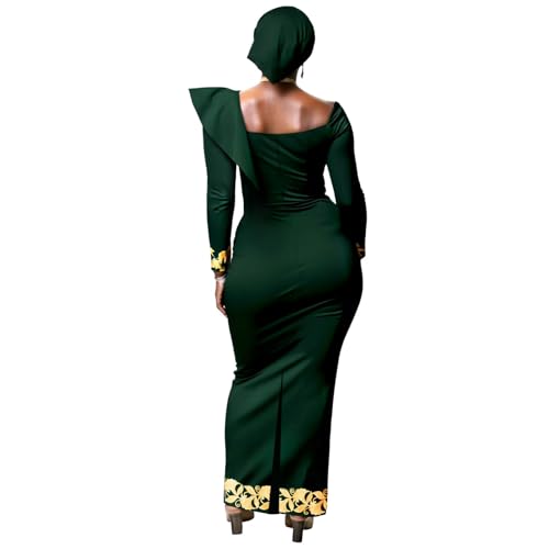 Image of African Dresses for Women High Waist Embroidery Elegant Traditional Midi Dress with Headscarf