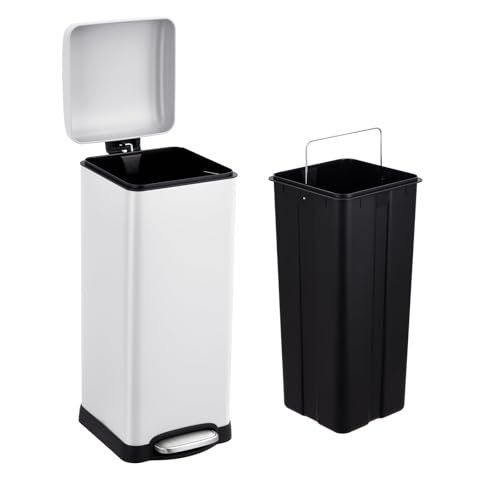 Sunvasagoo 8 Gallon Kitchen Trash Can, 30 Liter Stainless Steel Garbage Bin with Removable Inner Bucket, Square Step Recycling Bin with Soft-Close Lid for Dining Room, Bathroom, Home Office