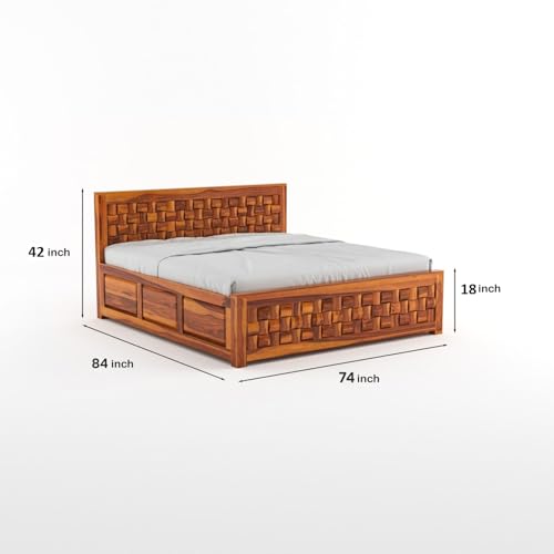 Image of Sheesham Wood King Size Bed with Storage Box | Wooden Box Bed King Size Double Cot Bed with Storage for Bedroom | Premium Niwar Design Headboard Bed for Hotel, Home | Honey Finish