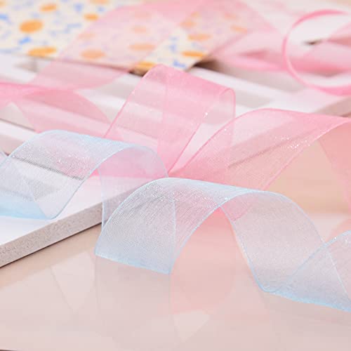 Hapeper 2 Rolls 1 Inch Sheer Organza Chiffon Ribbons For Gift Wrapping Diy Crafts Party Decoration, 50 Yards/ Roll (Pink, Light Blue) #TOP3