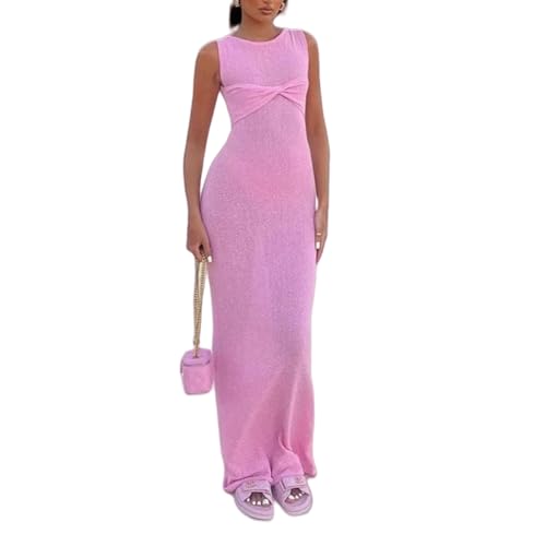 AIBEARTY Women's Mesh Knitted Sleeveless Bodycon Dress Sexy Twist Knot See Through Crochet Maxi Dress Beach Bikini Cover Ups