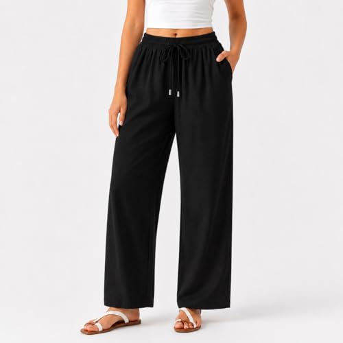 Image of THUMBA Women's Cotton Linen Wide Leg Pants | Elastic Waist Relaxed Fit Trousers | Breathable Summer Palazzo Pant with Pockets| Casual Office Travel Wear