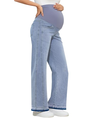 POSHGLAM Women's Maternity Jeans Wide Flare Leg Stretchy Comfy 31'' Pregnancy Denim Pants(Ombre Hem Light Blue, Large)