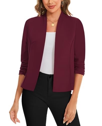 Image of LADI TREND 3/4 Sleeve Front Lined Open Front Cardigans Blazer for Womens UK Suits & Blazers Summer Smart Blazers for Pencil Pants Smart Dress (Wine Red XXL)