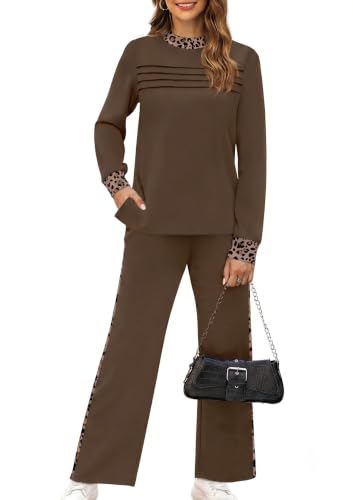 Image of WIHOLL Two Piece Sets for Women Fall Travel Vacation Outfits 2026 Long Sleeve Lounge Sets Side Slit Wide Leg Pants XS-3XL