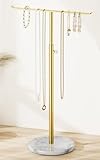 Josmimic Gold Necklace Holder Jewelry Organizer Stand – Adjustable Height T‑Bar Jewelry Display with White Marble Base, Necklace & Bracelet Holder, Countertop Jewelry Stand