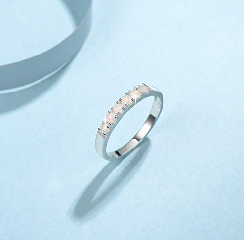FANCIME Opal Rings Sterling Silver 6 stones Created Fire Opal Ring Engagement Wedding Eternity Band October Birthstone Rings for Women Fine Jewelry for Women Size 5,6,7,8,92