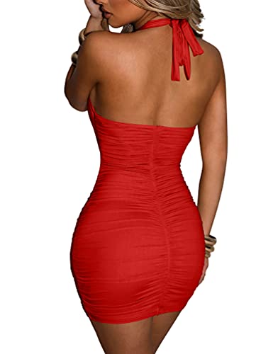 Women's Sexy Ruched Bodycon Halter Criss Cross Cut Out Backless Mini Club Party Dresses, Medium, Red #TOP1