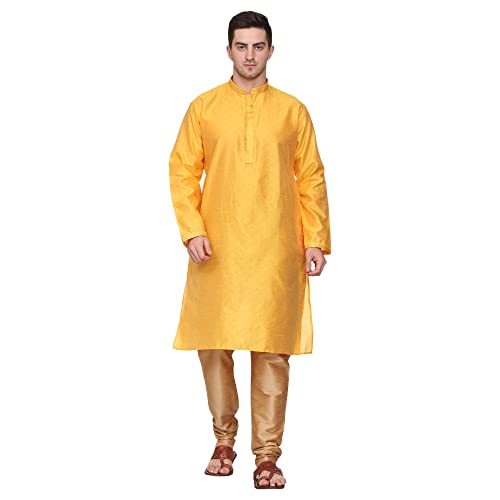 Men's Tunic Art Silk Kurta Pyjama Pajama Set Party Fashion Regular Ethinic Wear Indian Dress Gift for Men Orange Medium