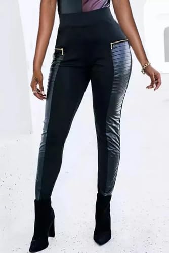 Flamingals Faux Leather Mid Waisted Tummy Control Motorcycle Leggings for Women Stretchy with Pockets Patch Zip Black L
