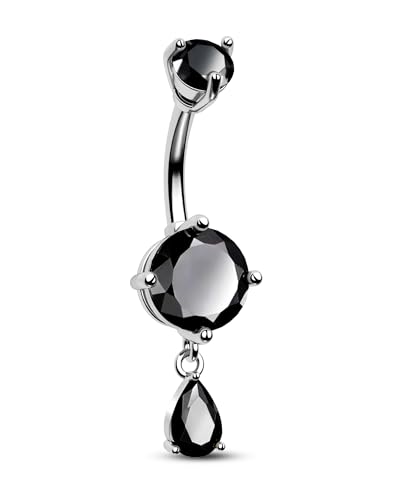 CM Crareesi Mania Belly Button Ring 14G Belly Piercing Jewelry 316L Stainless Steel Dangle Belly Ring for Women Teardrop Black CZ Dangling Belly Button Piercing Jewelry