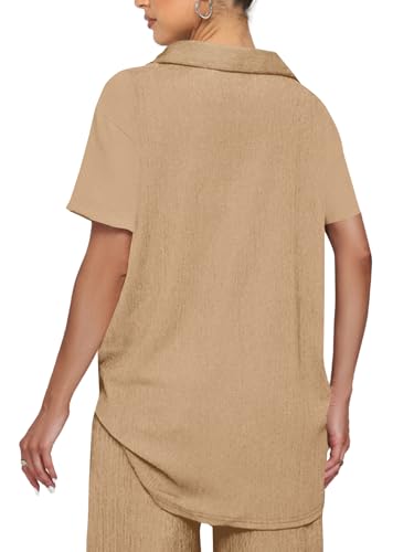 LYANER Women's 2 Piece Outfits Button Down Short Sleeve Shirt and Wide Leg Pants Set2