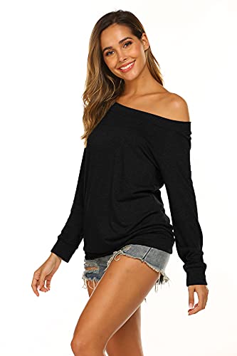 Halife Women's Long Sleeve Boat Neck Off Shoulder Blouse Tops (S, Black) #TOP3