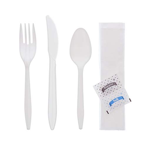 50 Plastic Cutlery Packets - Knife Fork Spoon Napkin Salt Pepper Sets | White Plastic Silverware Sets Individually Wrapped Cutlery Kits, Bulk Plastic Utensil Cutlery Set Disposable To Go Silverware #TOP1