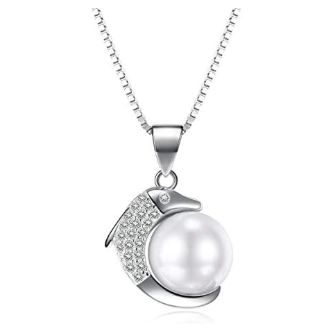 SUMERBOX Sterling Silver Jumping Dolphin Pearl Pendant Necklace 18" (Platinum Plated Silver) Cover