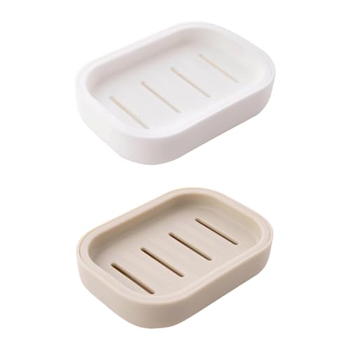 2PCS Soap Dish, Shower Soap Dish with Drainage, Easy Cleaning Keep Dry Stop Mushy for Bathroom, Kitchen, White and Khaki