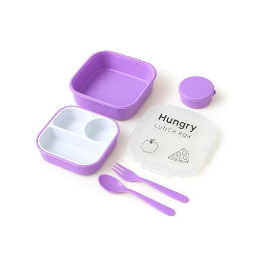 Image of Plastic Lunch Box with Transparent Lid & Bottle, 3 Compartment Leak Proof Lunch Box Set with Spoon, Fork & Sauce Cup for Office, School & Travel
