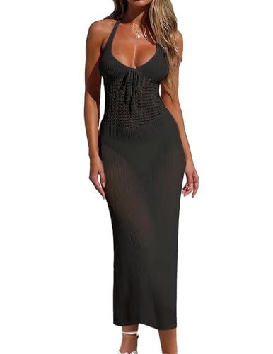 Womens Crochet Sheer Knit Slim Fit Beach Midi Dress Summer 2025 Sexy Halter Backless Slit Bathing Suit Cover Up