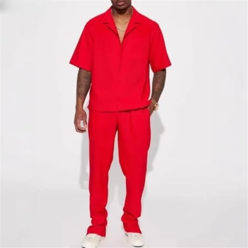 Mens 2 Piece Suits Streetwear Trendy Loose Short Sleeve Lapel Shirt and Pants Outfits Sets 6