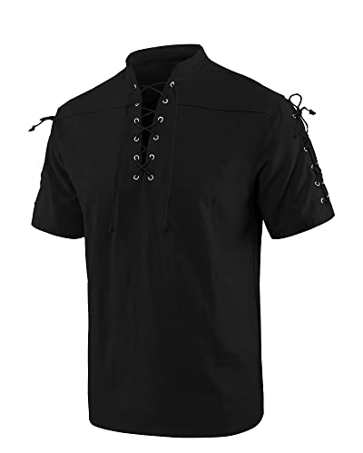 YAOBAOLE Chemise Homme Manche Courte Eté Chemise Homme Decontracte Vintage Médiévale Henley Shirt Noir XL