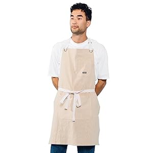 Caldo Linen Kitchen Apron for Cooking- Mens and Womens Linen Bib Apron for Professional Chef, Server, or Barista- Adjustable with Pockets (Bone)