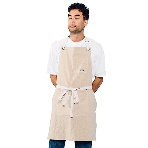 Caldo Linen Kitchen Apron for Cooking- Mens and Womens Linen Bib Apron for Professional Chef, Server, or Barista- Adjustable with Pockets (Bone)