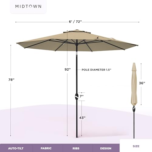 Image of Midtown Umbrellas - 10-Year-No-Fade 6 Ft Patio Umbrella with Terylast Fabric, Auto-Tilt Aluminum Frame and 8 Reinforced Ribs for Deck, Pool, Garden & Beach - Chestnut Beige Canopy, Black Pole