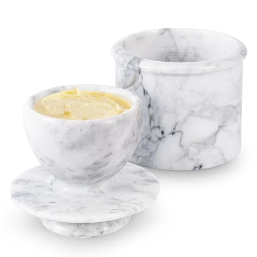 Flexzion Marble Butter Crock with Lid for Countertop - 4.25" French Marble Butter Keeper Dish Holder Container Pot with Water Line for Kitchen Home Decor Display Gift, Grey