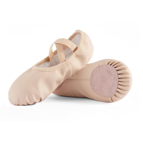 Image of missfiona Leather Ballet Shoes Girls Split Sole Dance Slippers No Tie Ballet Flats for Toddlers Women(3 UK, Beige)