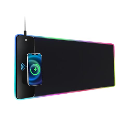 QUMOX Alfombrilla de mouse RGB de carga inalámbrica rápida de 15 W, extra grande de 800 x 300 x 4 mm, con 10 modos LED, superficie lisa, alfombrilla antideslizante para juegos, escritorios, PC y uso